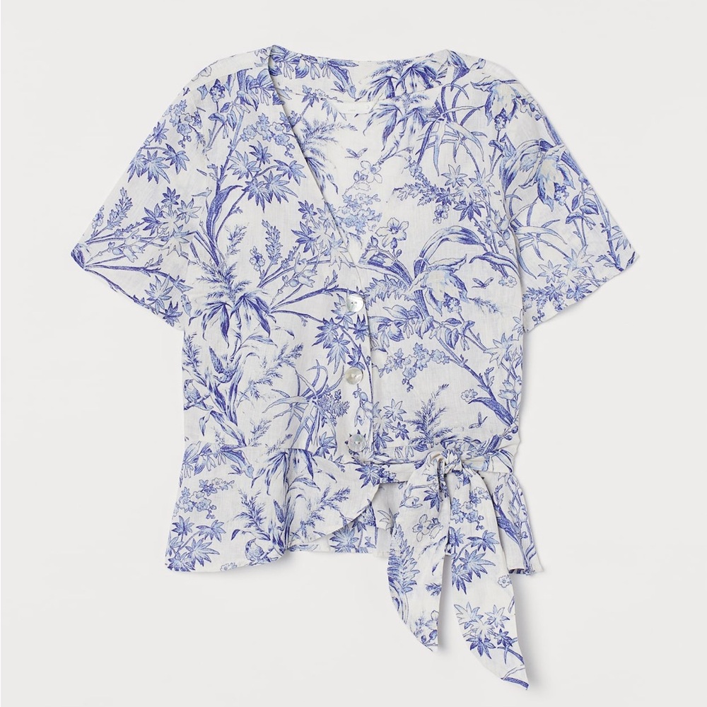 NWT H&M Premium Selection Natural Linen Wrapover V-cut Blouse Cream Blue US XS